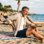 Uomo in vacanza in spiaggia a Lignano Sabbiadoro con mal di schiena, fisioterapia e osteopatia per turisti