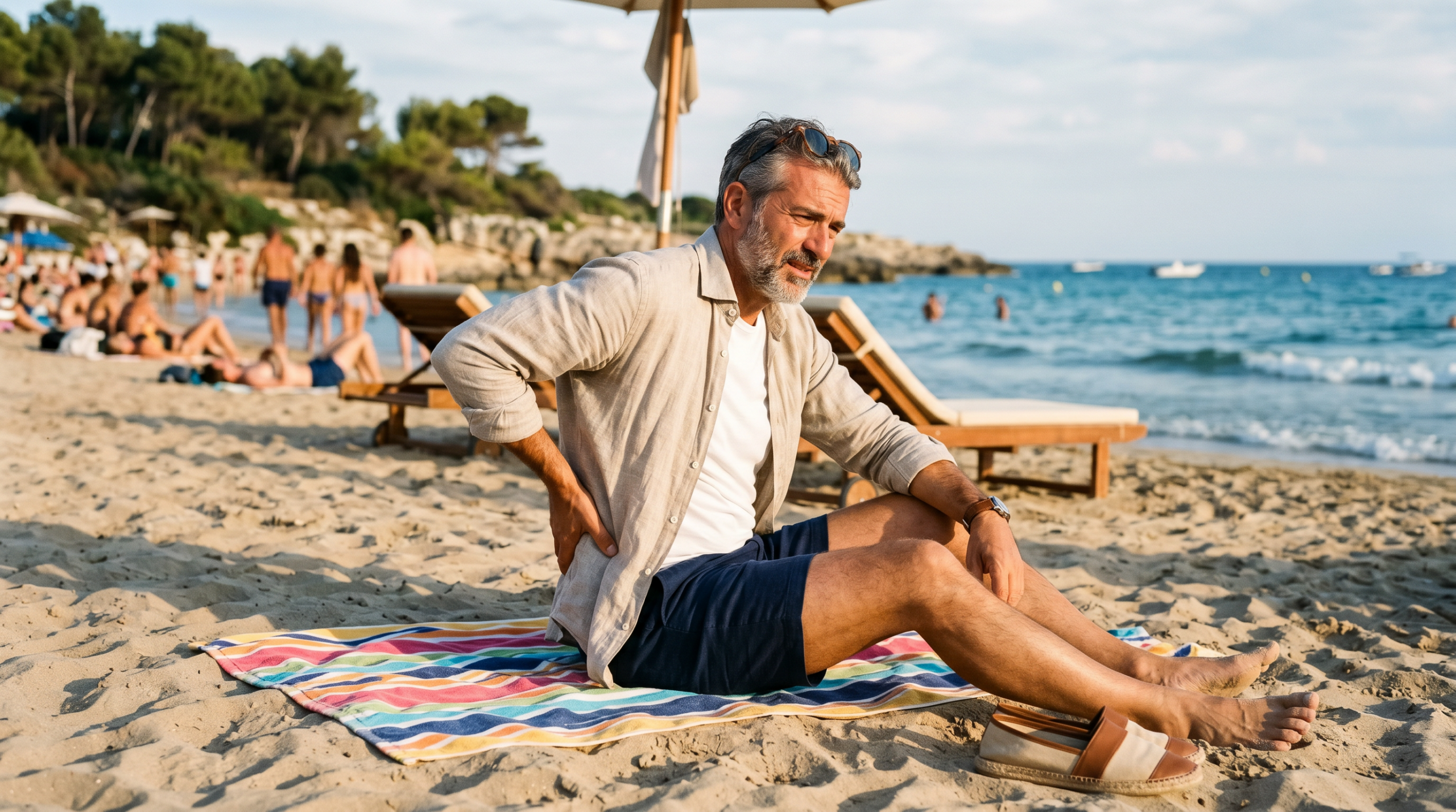 Uomo in vacanza in spiaggia a Lignano Sabbiadoro con mal di schiena, fisioterapia e osteopatia per turisti
